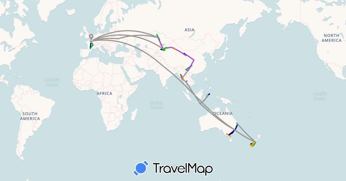 TravelMap itinerary: driving, bus, plane, train, hiking, boat, hitchhiking in Australia, China, France, Indonesia, India, Kyrgyzstan, Kazakhstan, Myanmar (Burma), New Zealand, Thailand, Ukraine (Asia, Europe, Oceania)